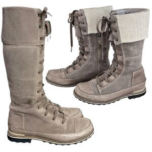The North Face Womens 6/37 Snowtropolis Taupe Suede Lace Up Boots Knit Cuff Boho